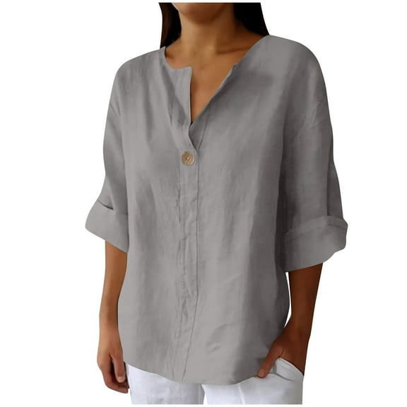 Summer Plus Size Sweaters Shirts for Women Henley Neck 3/4 Sleeve Tops Button Down Classic Tunic Blouse Plain Basic T-Shirts Oversized Relaxed Fit 2025 Dressy Casual Business Blouses