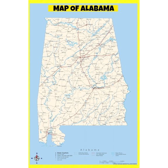 Alabama Map Poster - Laminated Wall Map - Style B - 18x24 - Ideal for Classrooms and Homes – Features Bright Colors and Vivid Imagery