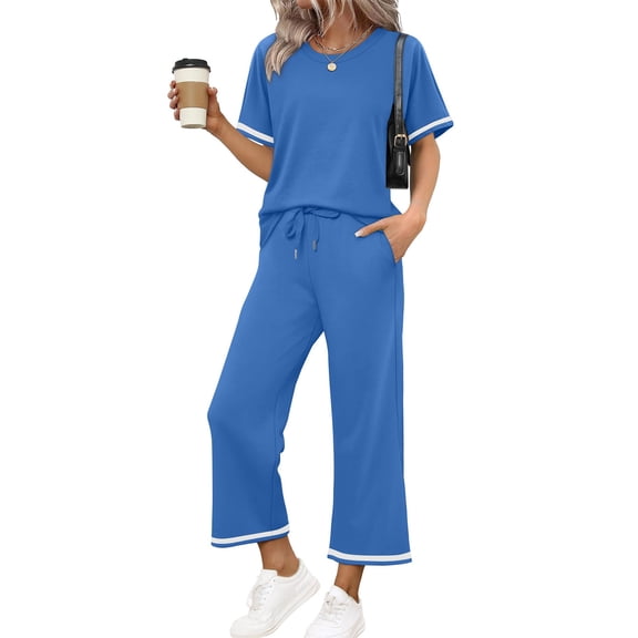 Textilo 2 Piece Sets for Women Jogger Lounge 2026 Summer Set Tracksuit Short Sleeve T-Shirt Trendy Wide Leg Pants Sets Blue S