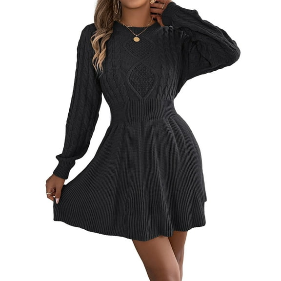 Women'S Fall Long Sleeve Mock Neck Sweater Dress Casual Loose Ribbed Knit Mini Short Pullover Dresses Black S