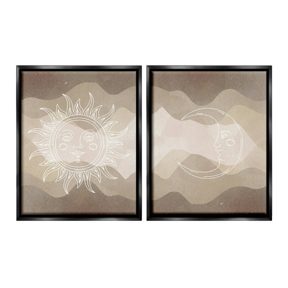 Stupell Industries Astral Boho Sun & Moon Landscape Painting Black Floater Framed Canvas Art Print Wall Art, 17 x 21, Set of 2