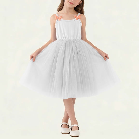DAETIROS Girls White Tulle Dress Butterfly Applique Flower Girl Tutu Soft Spaghetti Strap A-Line for Wedding Birthday Party Kids Little Girl Sizes 1-10,Size 7-8 T
