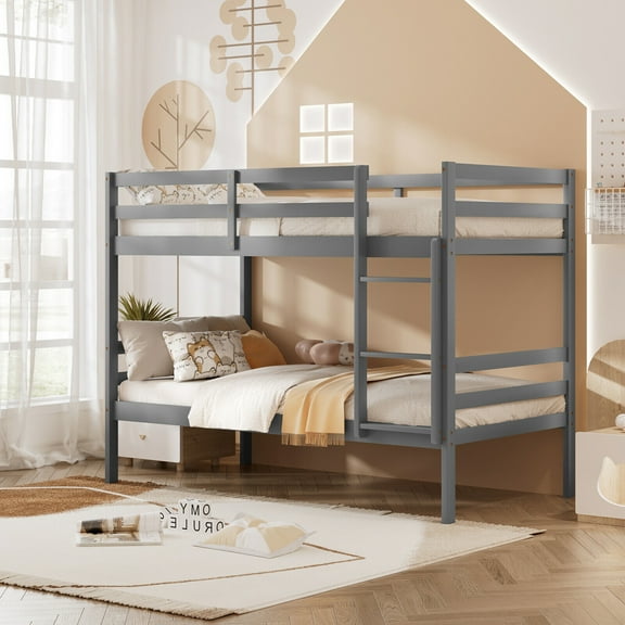 Gymax Twin Over Twin Wood Bunk Beds W/Ladder & Safety Rail Pine Wood Bunk Bed Gray