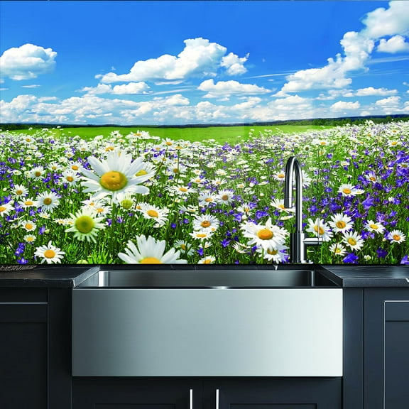 24x16 Inch Floral Print Tempered Glass Kitchen Backsplash - Waterproof Splash Guard Wall Art, Heat-Resistant Easy Clean Sink Cover for Modern Farmhouse Decor