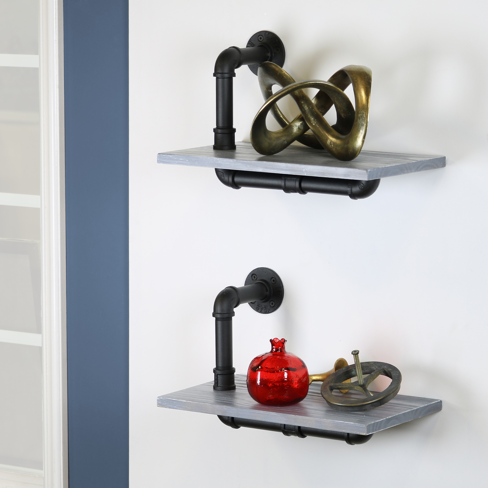 Dupliro Paired Weathered Wood and Black Pipe Wall Shelves (Brown Color)