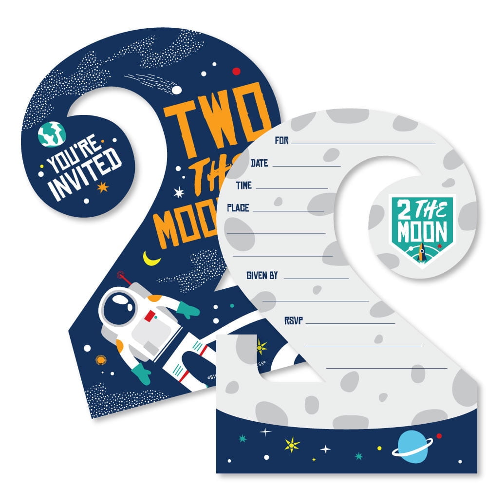 2nd Birthday Two the Moon - Shaped Fill-In Invitations - Outer Space Second Birthday Party Invitation Cards with Envelopes - Set of 12