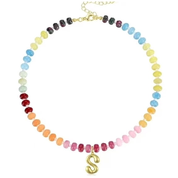 Women's Initials Necklace, Colorful Beaded Gemstone Bubble Letter Pendant Necklace Natural Stone Summer Beach Handmade Gifts