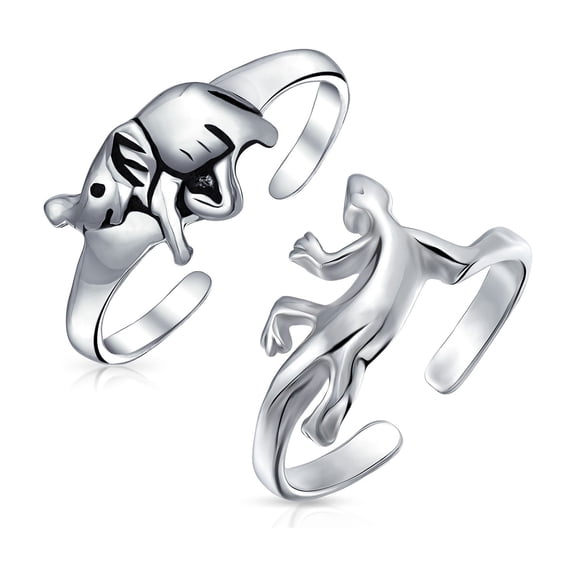 Bling Jewelry Womens Animal Elephant & Gecko Lizard Midi Toe Ring .925 Sterling Silver (set of 2)