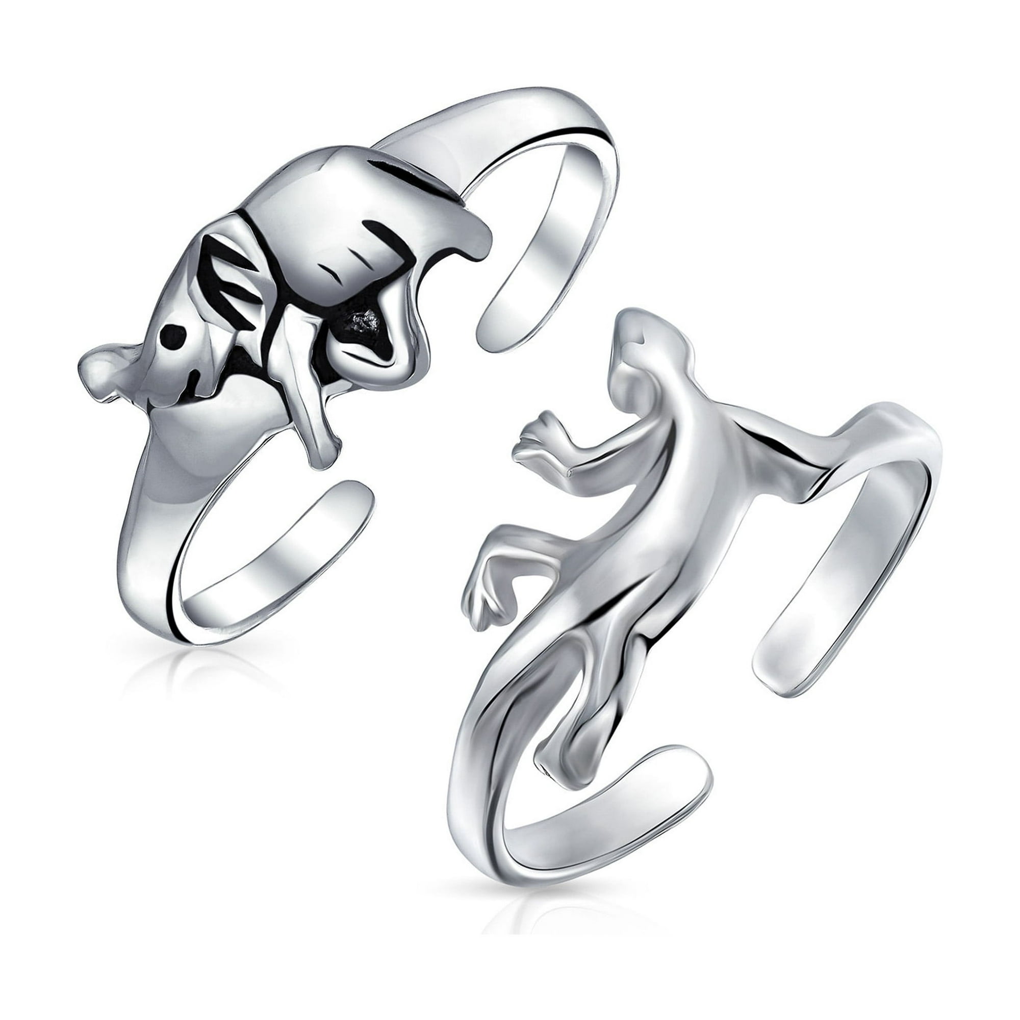 Bling Jewelry Womens Animal Elephant & Gecko Lizard Midi Toe Ring .925 Sterling Silver (Set-2)
