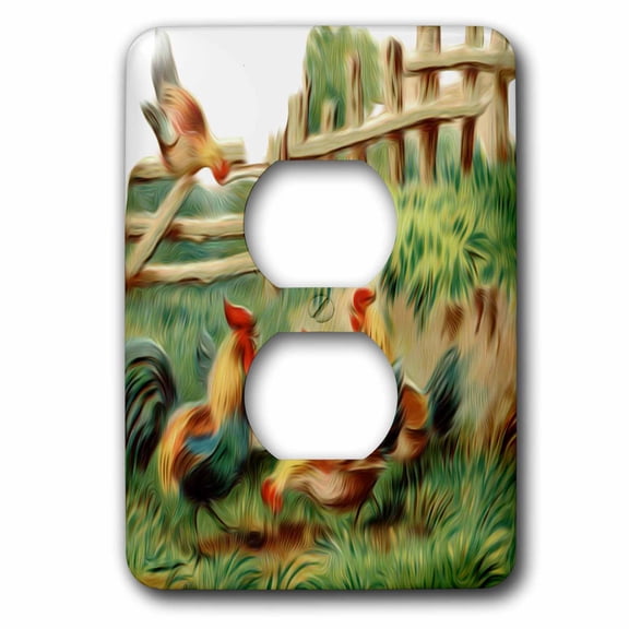 3dRose, Vintage Digital Oil Painting Roosters Gather At The Farm, 2 plug outlet cover