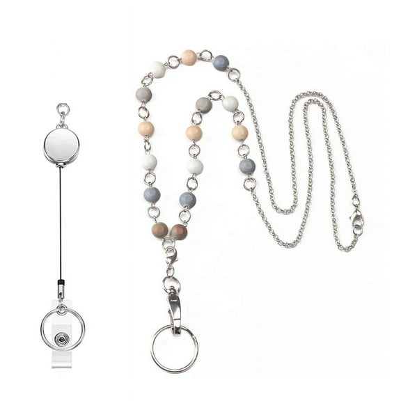 Women Retractable Badge Reel Lanyard with ID Card Holder Necklace Name Badge Holder Lanyard Stainless Steel Beaded Chain