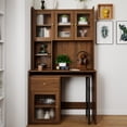 thumbnail image 2 of Lisonu L-Shaped Rotating Computer Desk with Hutch, Convertible Home Office Workstation with Glass Door Cabinets and Storage Shelves, Flexible Design, Walnut, 2 of 21