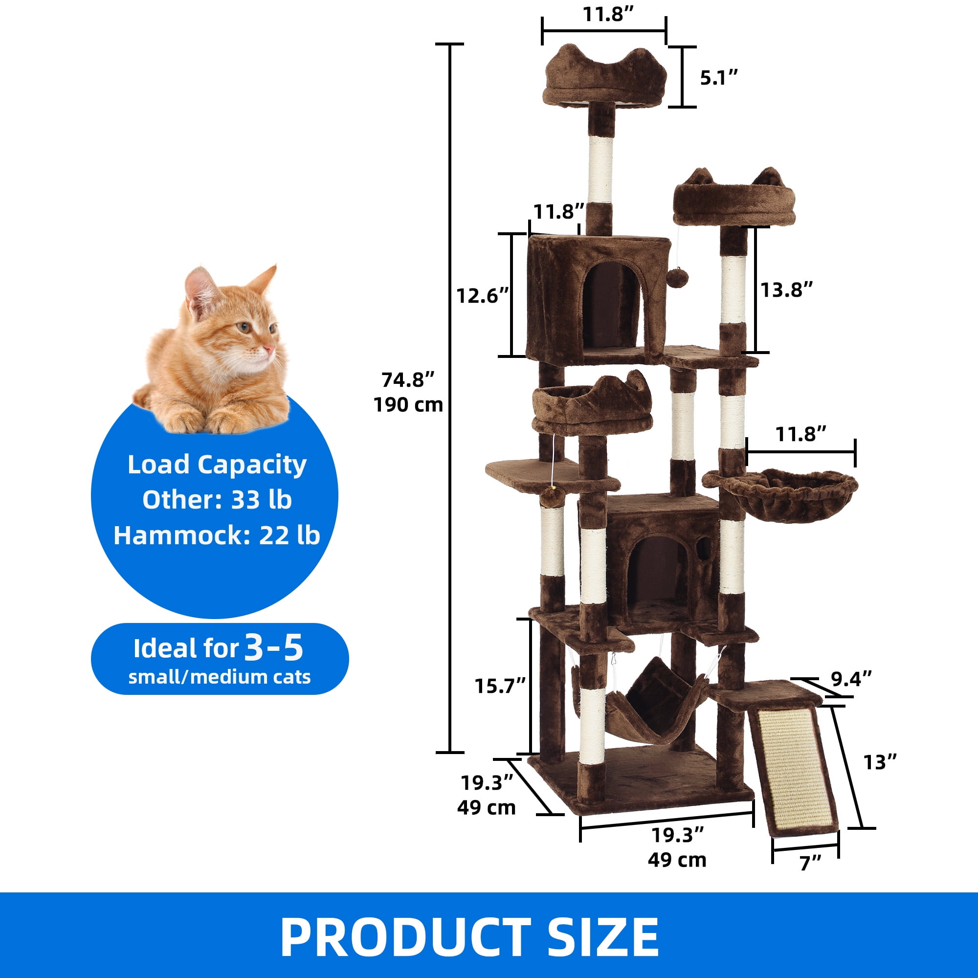Dextrus 75" Tall Cat Tree for Large Cats, Multi-Level Play Tower Condo with Sisal Ramp Scratching Post & Hammocks, Brown
