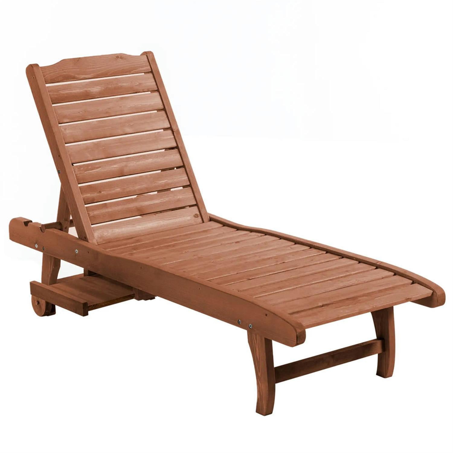 Demi Bonn Outdoor Wooden Chaise Lounge with 3-Position Backrest, Integrated Table & Casters for Beach Poolside Sunbather, Brown