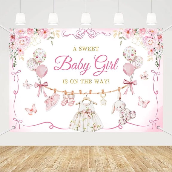 Pink Spring Floral Baby Shower Backdrop Sweet Baby Girl is On The Way Photography Background Flowers Bow Baby Cloth Bunny Balloon Baby Shower Party Decorations Banner Supplies Photo Booth Props