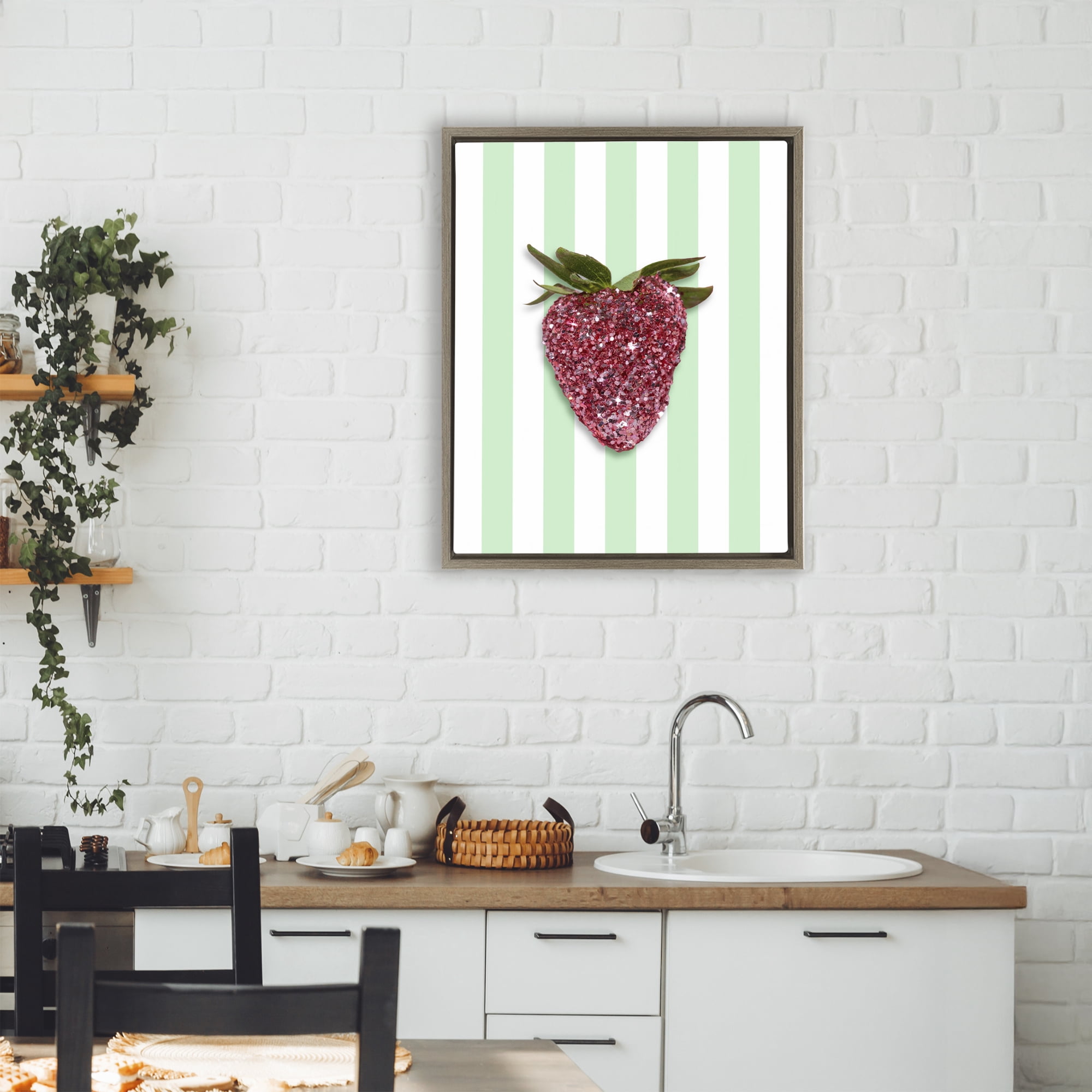 Stupell Industries Glimmer Cherry on Green Stripes Brown Framed Floater Canvas Wall Art, design by LISH Creative