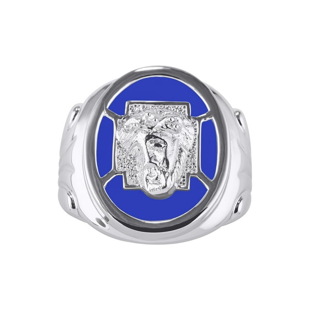RYLOS Men's Rings Sterling Silver Christ Head Religious Ring With Diamonds and Blue Quartz Designer Men's Jewelry Size 11
