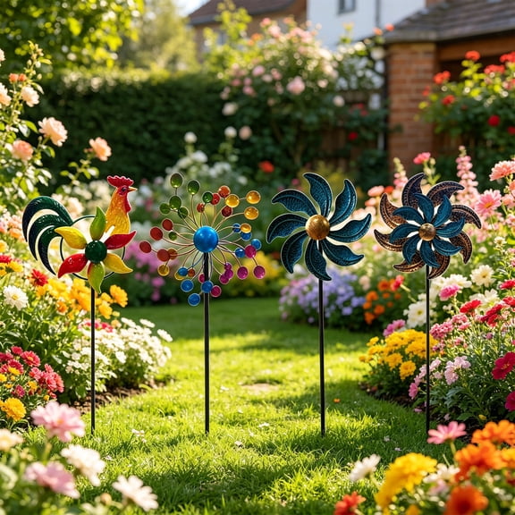Outdoor Metal Windmill Ornament • Rotating Garden Decor • Three Story Courtyard Spinner • Weather Resistant Iron Yard Sculpture • Villa Balcony Decoration