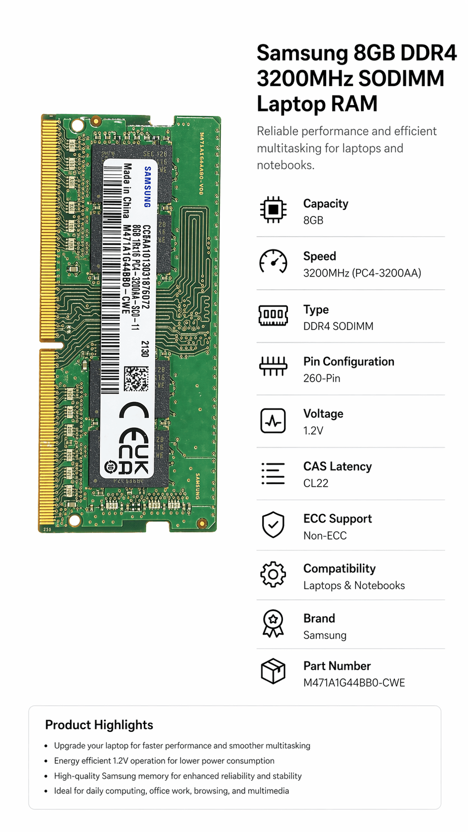 Samsung 8GB DDR4 3200MHz SODIMM Laptop RAM (PC4-3200AA) – 260-Pin