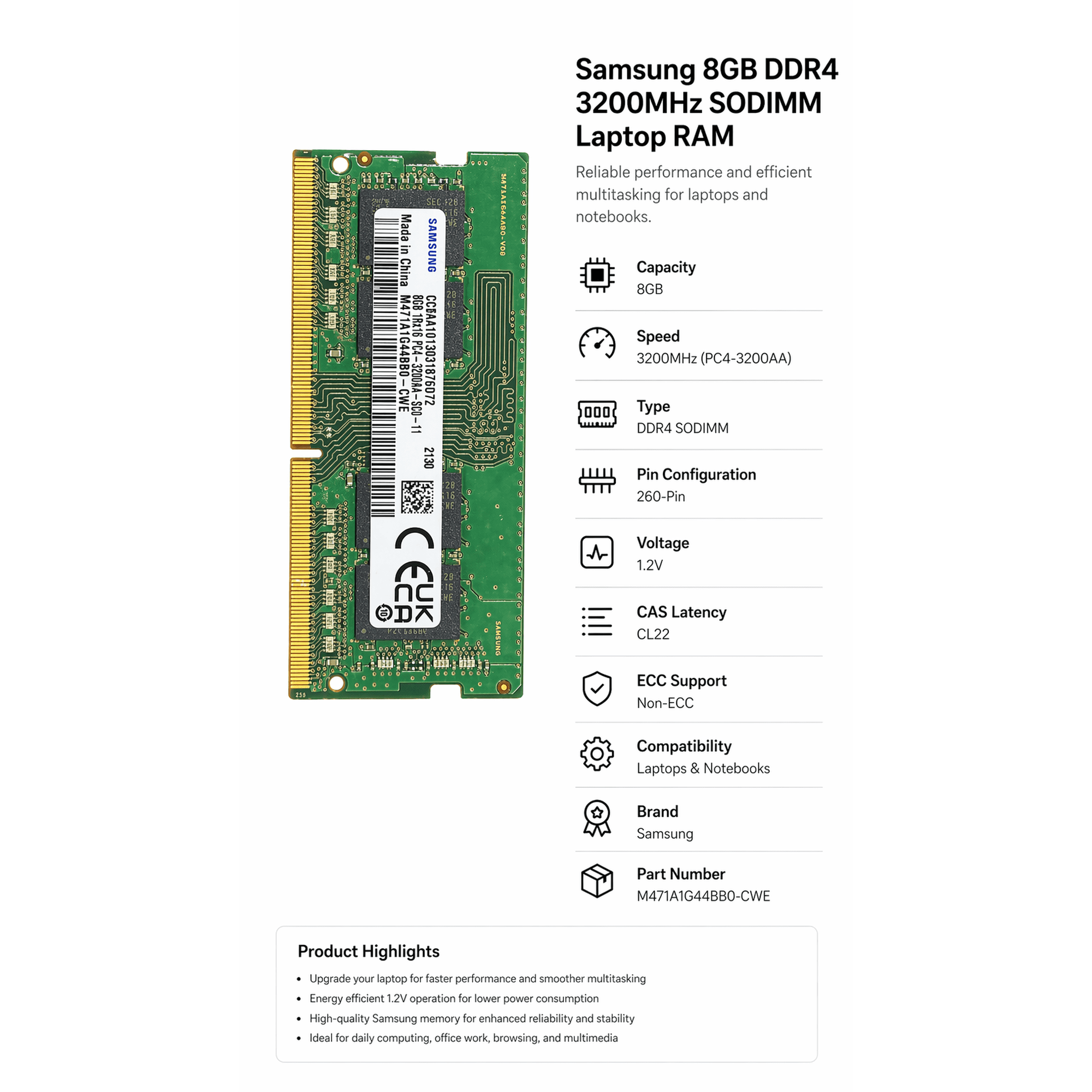 プ*っ様 SAMSUNG DDR4 3200 8GB×2 Samsung 8GB DDR4 3200MHz SODIMM Laptop RAM (PC4-3200AA) – 260-Pin