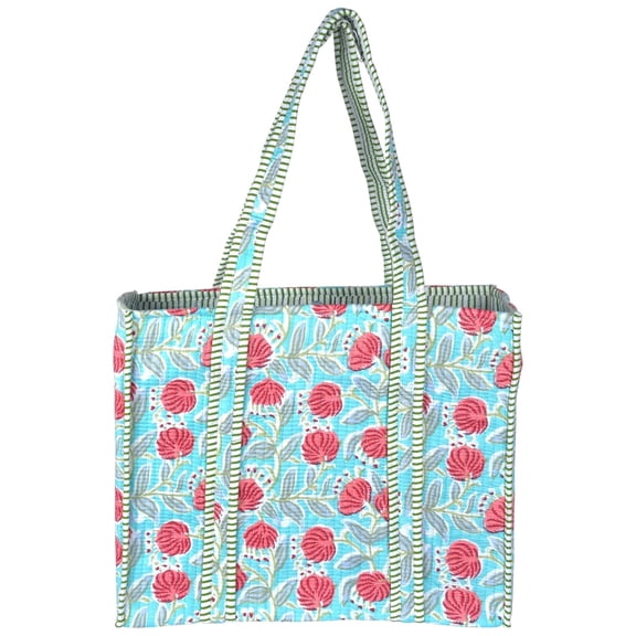 Vivanta Quilted Tote Bag for Women – Large Size Block Print Cotton Shoulder Bag for Shopping Grocery Travel Work – Handmade Floral Tote Bags Reusable Quilted Beach Bags 16 × 13 × 6 inches
