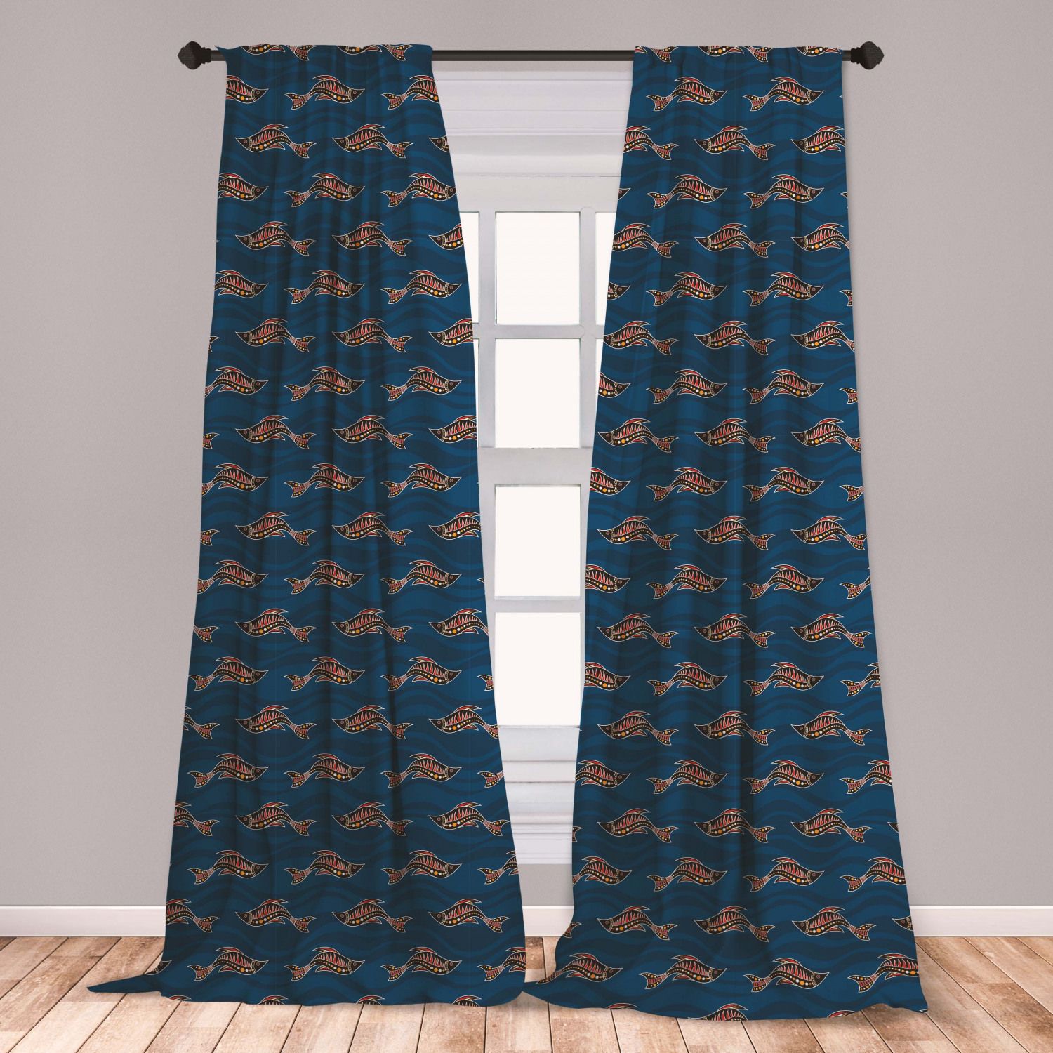 Fish Curtains 2 Panels Set, Aboriginal Art with Aquatic Animal and Wave