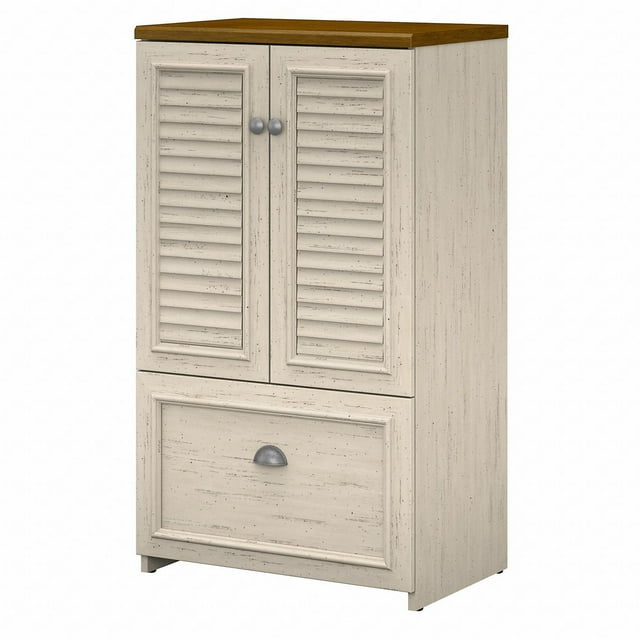 Bush Furniture Fairview 2 Door Storage Cabinet with File Drawer in Antique White and Tea Maple