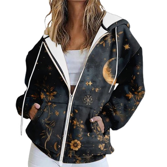 Bovemsi Sweatshirt for Women Solid Loose Jacket Long Sleeve Irregular Print Zipper Pullover Elegant Tops Blouse Zip Up Hoodie