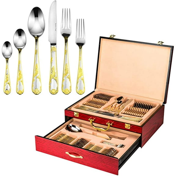 Italian Collection 'Florence' 75-Piece Premium Surgical Stainless Steel Silverware Flatware Set 18/10, Service for 12, 24K Gold-Plated Hostess Serving Set in a Wooden Case