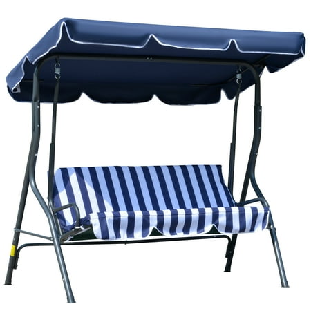 Outsunny 3-Person Porch Swing with Canopy Patio Swing Chair Outdoor Canopy Swing Bench with Adjustable Shade Cushion and Steel Frame Dark Blue