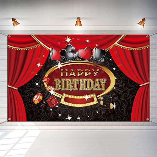 Las Vegas Casino Birthday Party Photo Booth Backdrop Background Banner with   Feet White String, Casino Theme Birthday Decoration, Casino Sign Happy  Birthday Banner Supplies 6 x  ft 