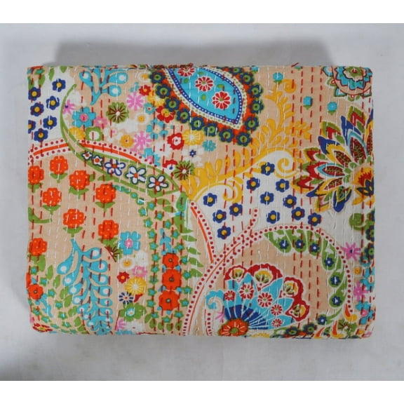 Reversible Bohemian Blanket Beige Paisley Hand Quilted Coverlet Indian Handmade Beige Cotton Kantha Quilts Bedspread Bedding Hippie Throw Ralli