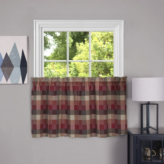 PowerSellerUSA Farmhouse Curtains Rod Pocket Plaid Tier Pair & Valance , Kitchen Decor Buffalo Plaid Curtains, Classic Country Plaid Gingham Design, 57" W x 36" L Complete Set, Burgundy