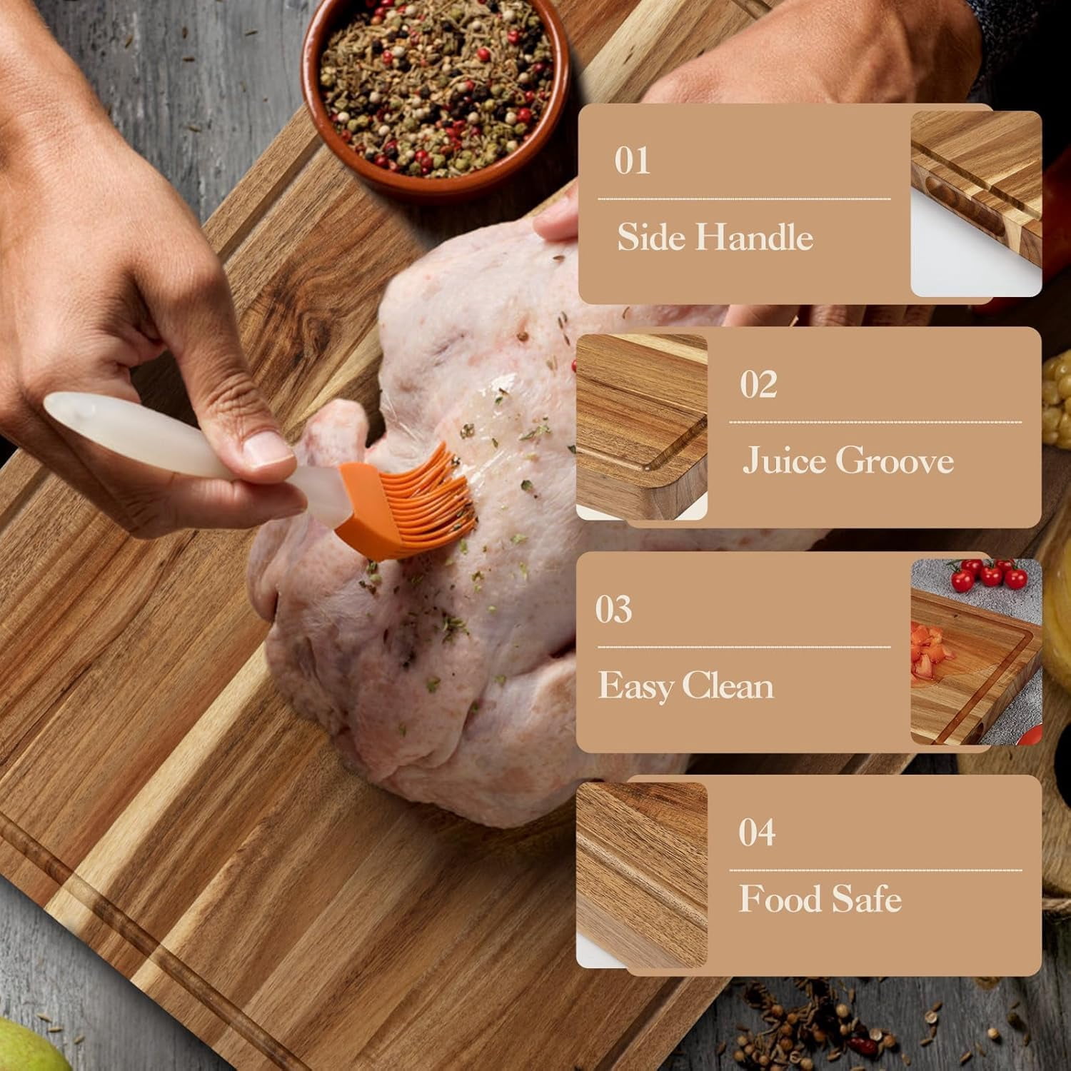 Acacia Wood Cutting Board with Juice Groove & Handles, Reversible Wooden Chopping Board, 1.2" Thick Wooden Chopping Boards for Meat, Vegetables, Cheese, Charcuterie Board,24"x18"
