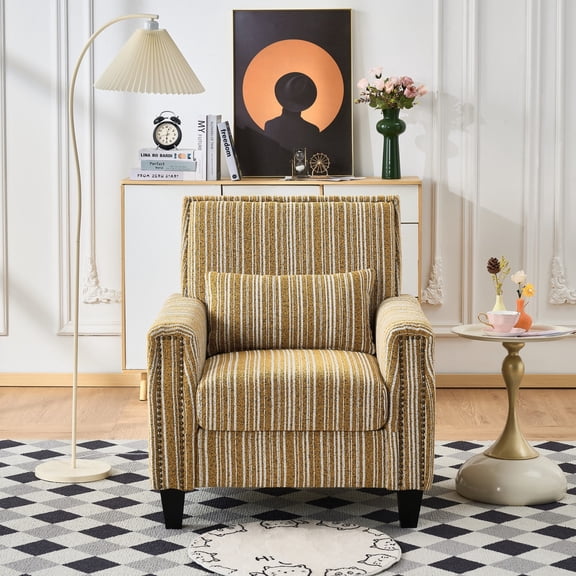 FFZ Striped Accent Chair with Arms, Nailhead Trim and Solid Wood Legs, Yellow