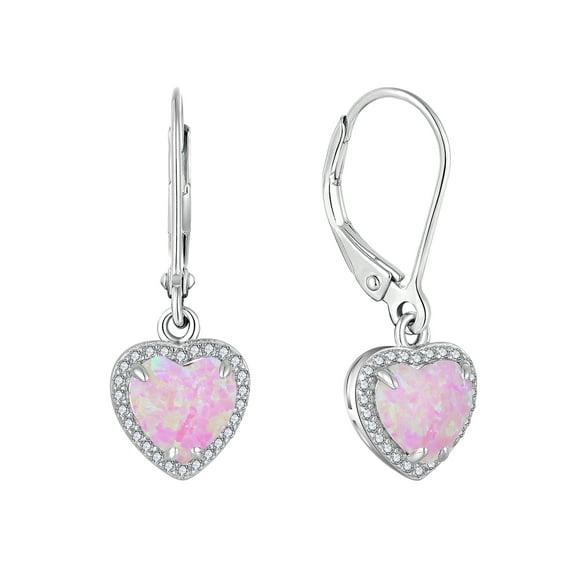VESITIM Pink Opal Dangle Drop Earrings Women Sterling Silver Opal Jewelry Heart Shaped Birthstone Leverback Earring as Gift