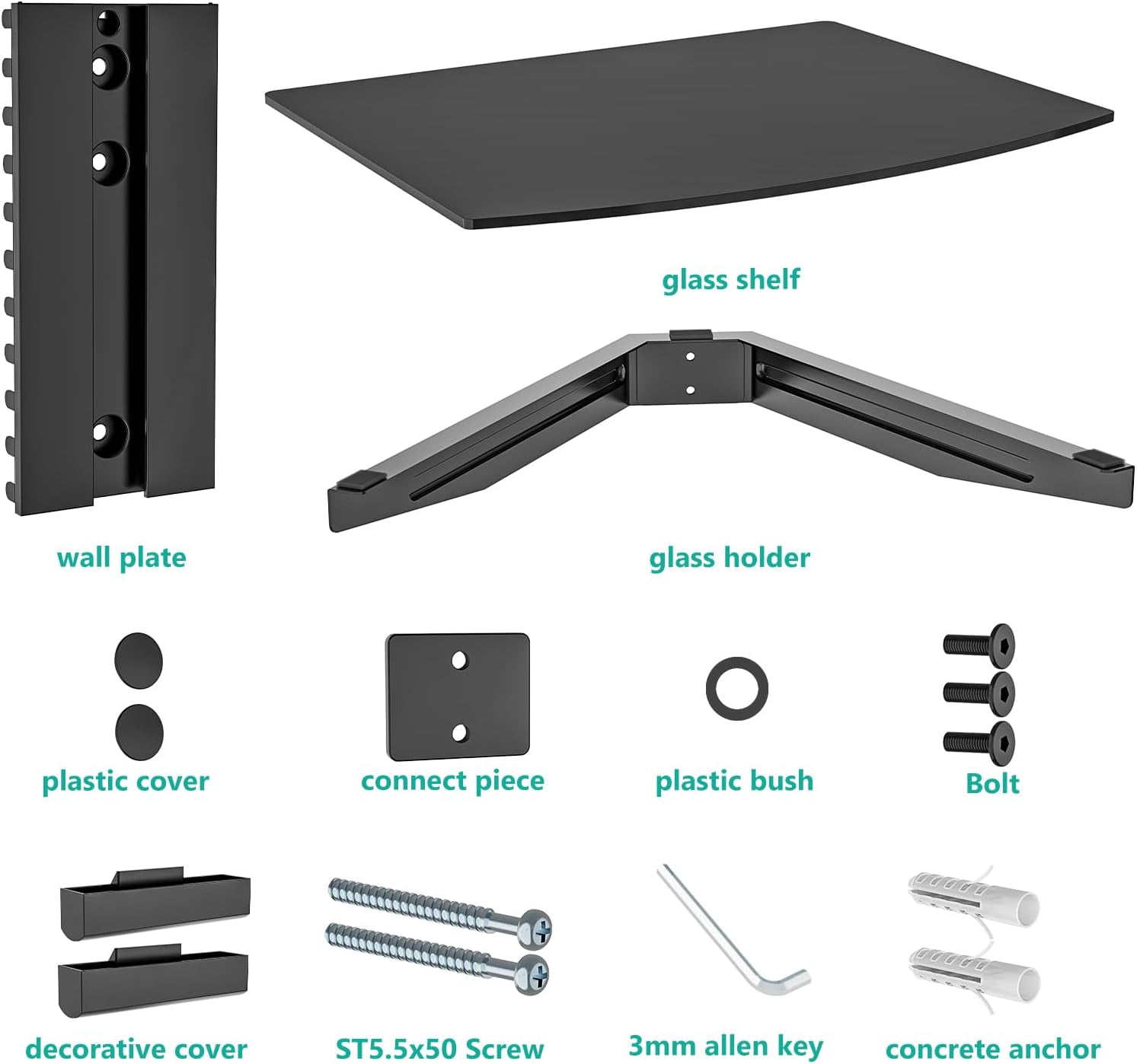 Floating TV Shelf, 1 Tier Glass Projector Shelf for DVD Players, Routers, Game Consoles, Cable Boxes, Living Room Decor, Wall Mount Shelves Hold Up to 17.6lbs (CS201B), 1-Shelf, Black