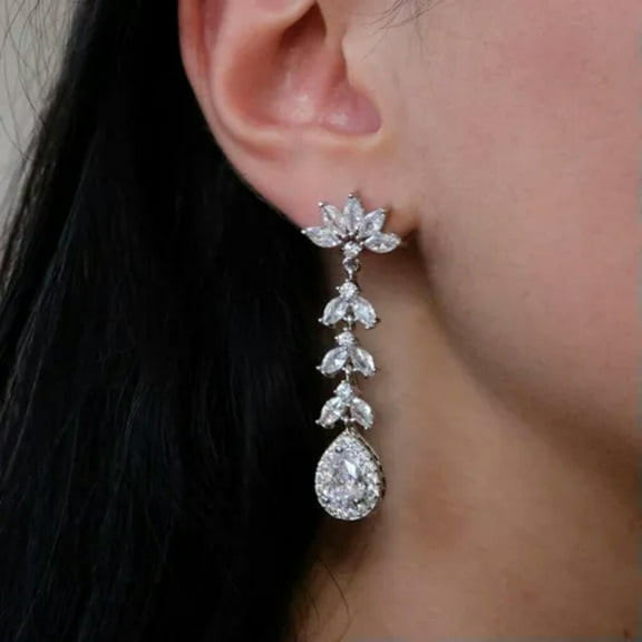 K-KED Women Luxury 925 Silver Wedding Long Drop Earrings Cubic Zirconia Jewelry-Silver