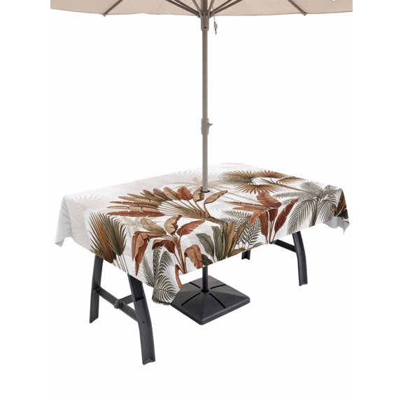 52x70 Inch Outdoor Tablecloth with Umbrella Hole Zipper Rectangle Palm Trees Brown Rectangular Tablecloths Outside Waterproof Tropical Summer Botanical Seaside Patio Table Cloth Cover for Picnic
