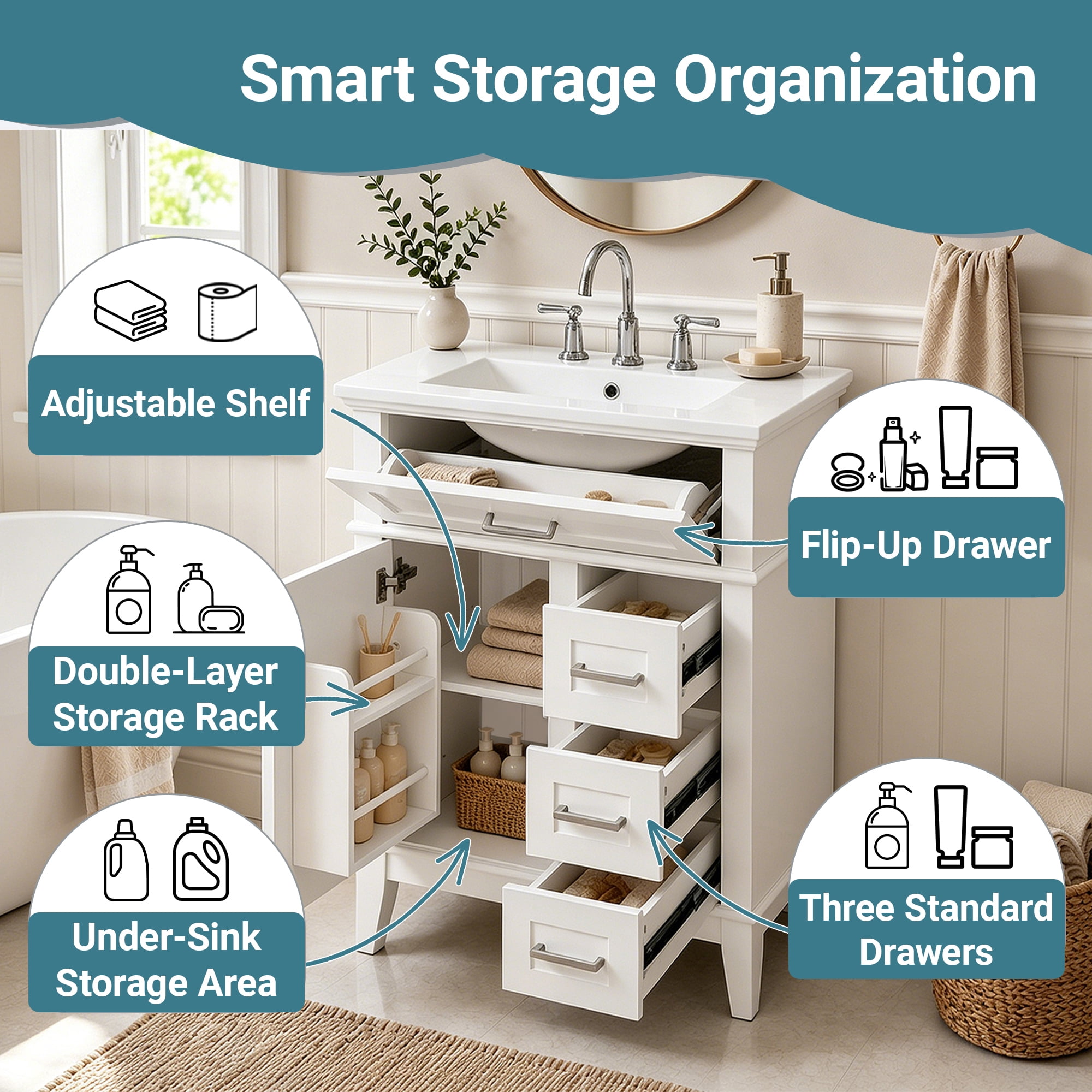GARITIN 24 Inch Bathroom Vanity with Ceramic Sink, Solid Wood Frame & MDF Cabinet, 1 Door, Flip Drawer & 3 Drawers, Soft Close Hinges, Adjustable Shelf, White