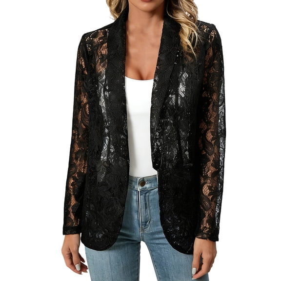 PBFRDSJ Women's Lace Blazer Open Front Sheer Mesh Long Sleeve Summer Jacket Casual Lightweight Beach Party Cover Up