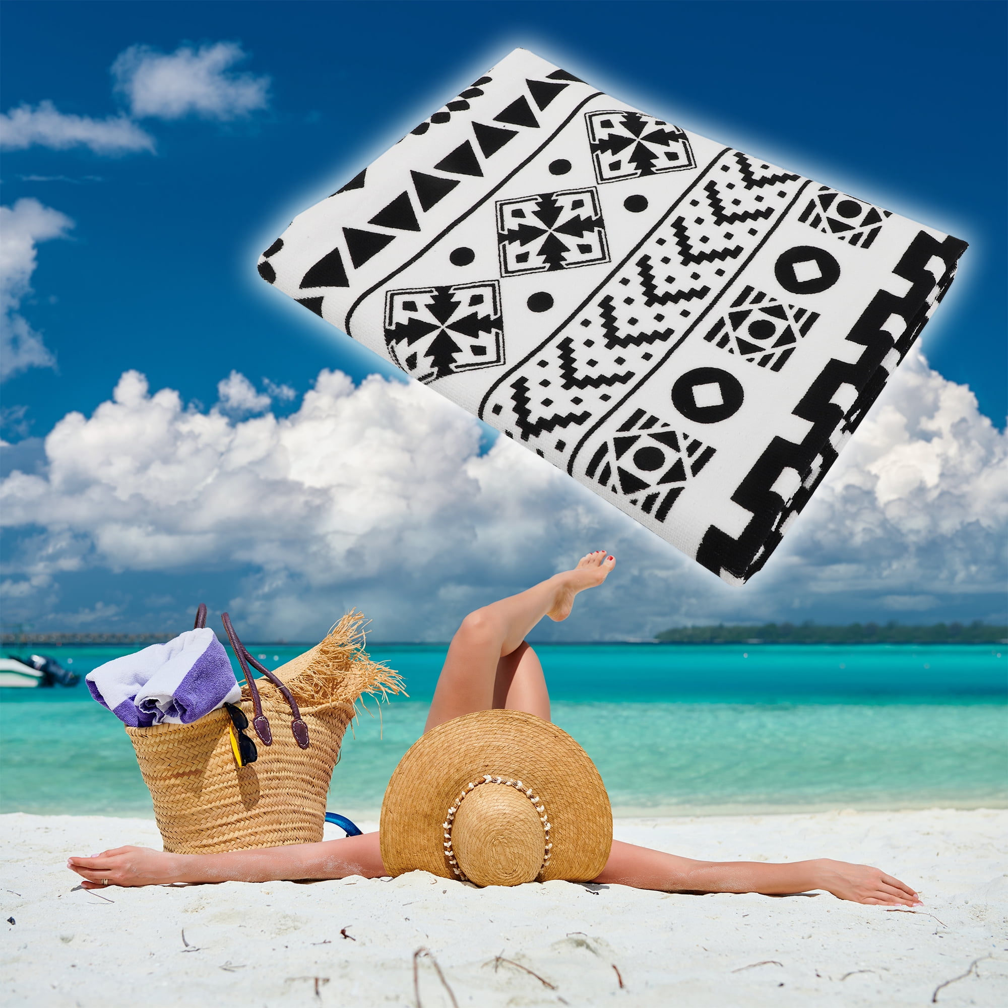 Unique Bargains Soft Absorbent Beach Towel Geometry Pattern Black White 59"x30" 1 Pc