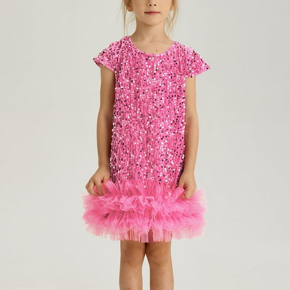 Amidoa Sequins Girl A-line Dress Crewneck Short Sleeve Sundress Casual Summer Dress,Watermelon Red,4-5 Years