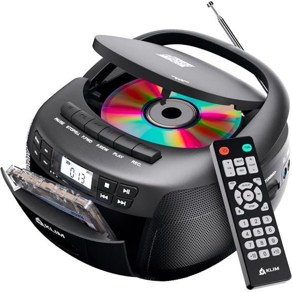 Restored KLIM CD Cassette Tape Player Combo Boombox, Bluetooth, AM FM Radio, Stereo Sound, Remote, Tape Recording, USB Drive, AUX (Refurbished)