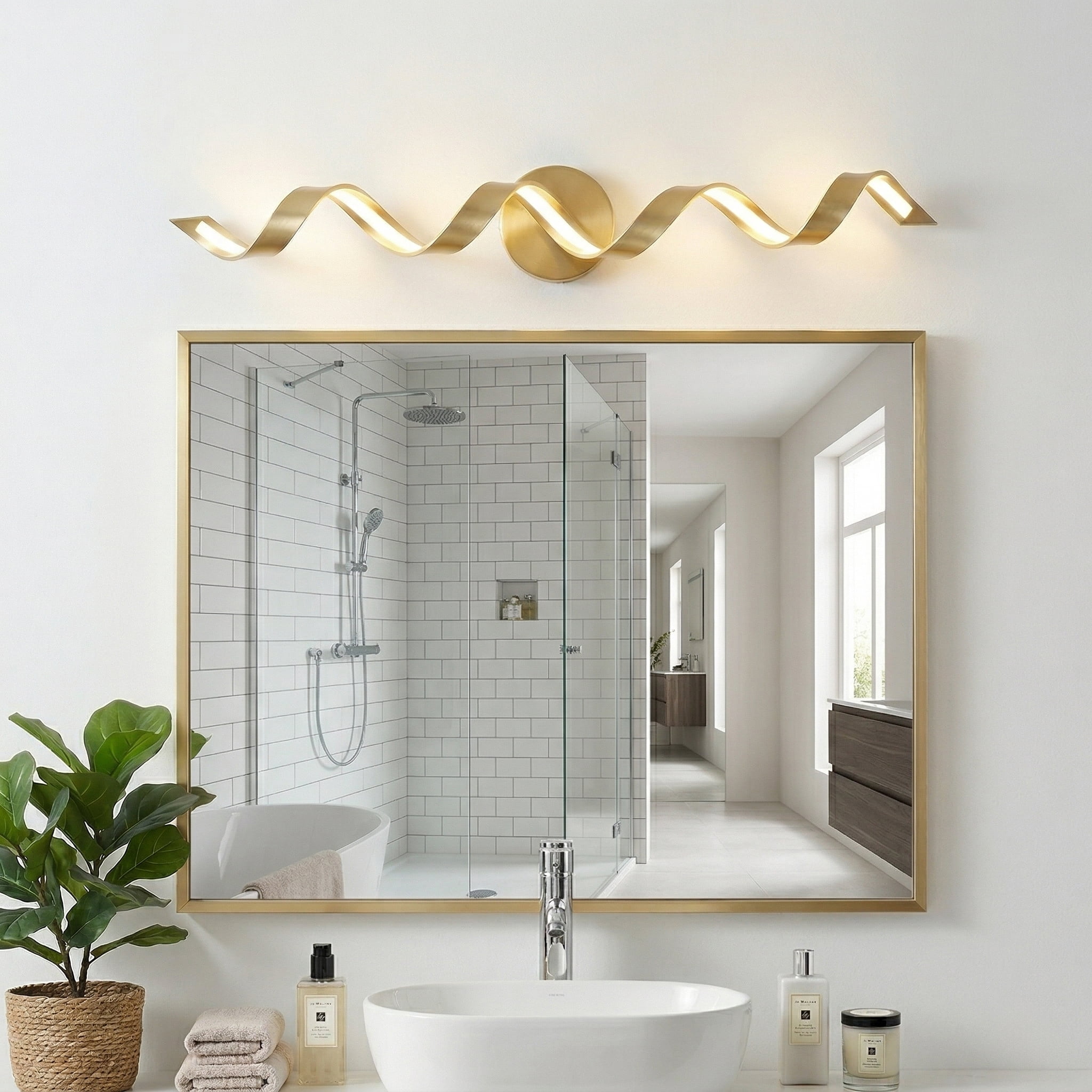 31.5" Modern Wave LED Vanity Light, Brushed Gold Iron & Aluminum Sconce for Bathroom Makeup