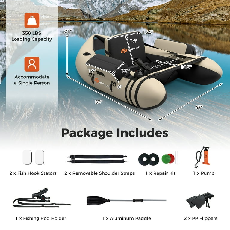 Goplus Inflatable Fishing Float Tube w/Pump & Storage Pockets & Fish Ruler  Beige 