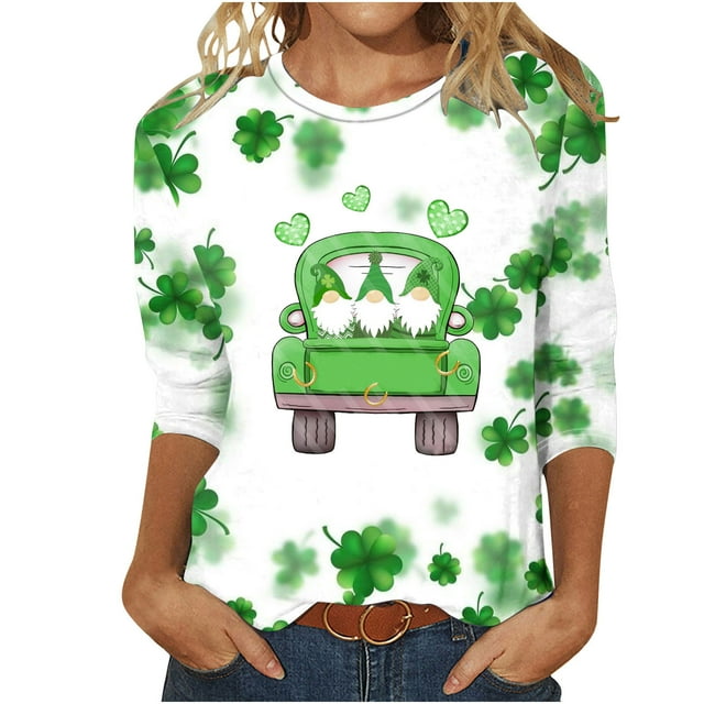 lcziwo Chandails de la Saint-Patrick pour Femmes Haut à Imprimé Vert Trèfle Irlandais Graphique Manches 3/4 Hauts 2024 Printemps Blouses à Col Rond Tunique Porte-Bonheur T-Shirt Grande Taille,P-5TG TTTTG