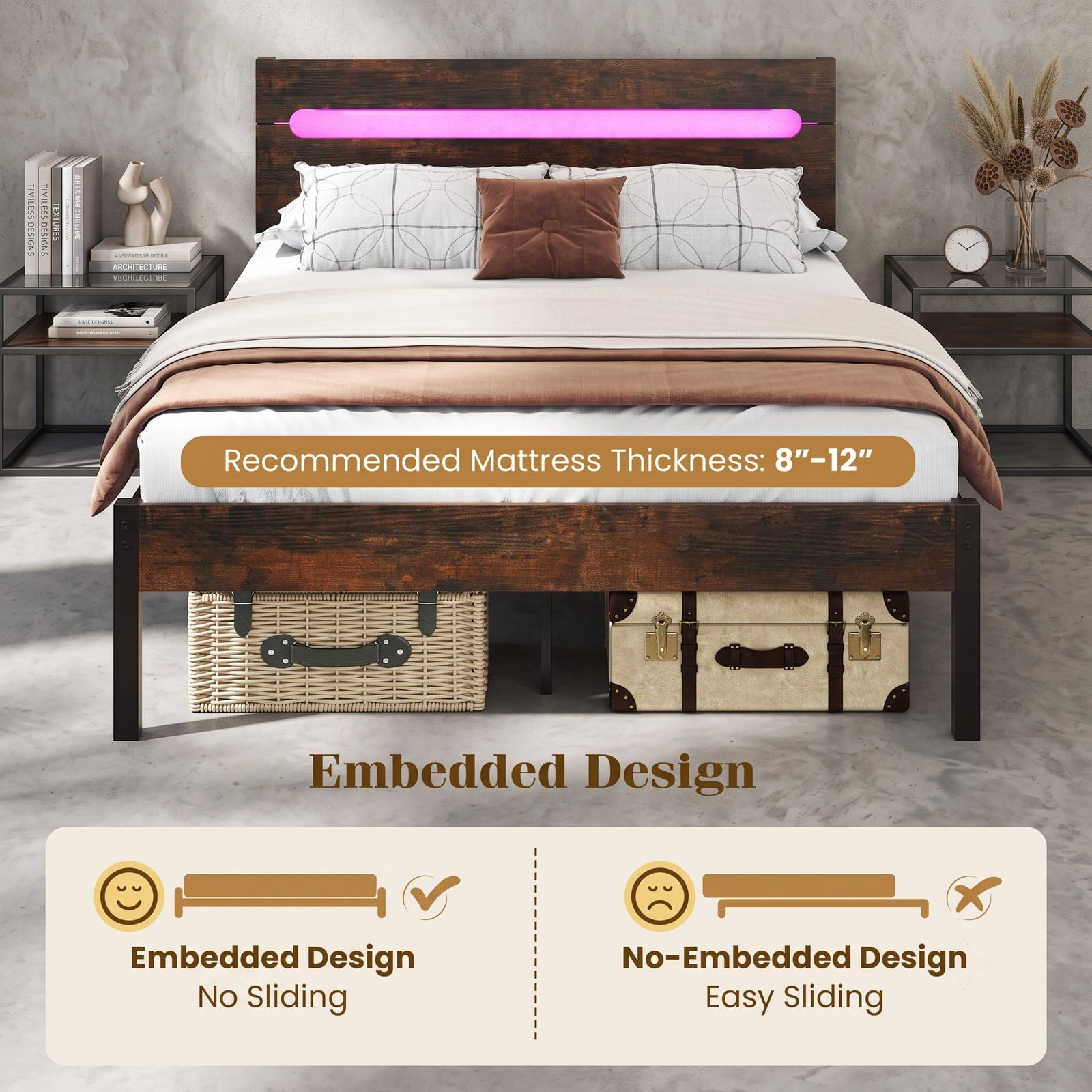 Furnibear Full Size Bed Frame Metal Platform Bed Frame with LED Lights Wood-Grain Headboard and USB Charging Station, Rustic Brown