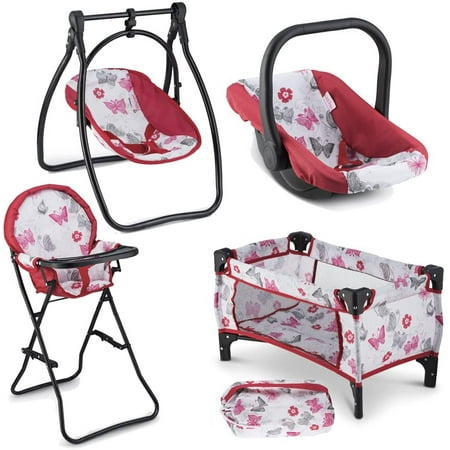 Litti Pritti 4 Piece Set Baby Doll Accessories - Includes Baby Doll Swing, Baby Doll High Chair, Doll Pack N Play, Baby Doll Carrier – 18 inch Doll Accessories for 3 Year Old Girls and