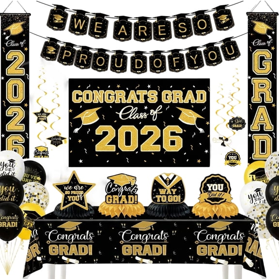 Forfamy 2026 Graduation Party Supplies, Graduation Party Decorations  Black Gold Themed Set Graduation Banner Balloons Party Supplies